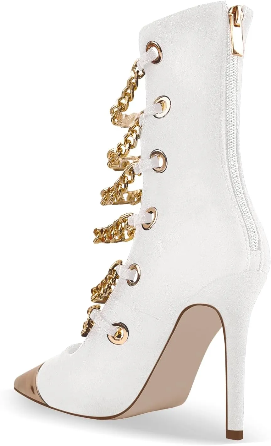 onlymaker Women's Pointed Toe Metal Chains Stiletto High Heel Zip up Boots