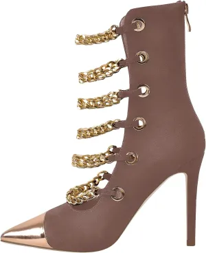 onlymaker Women's Pointed Toe Metal Chains Stiletto High Heel Zip up Boots