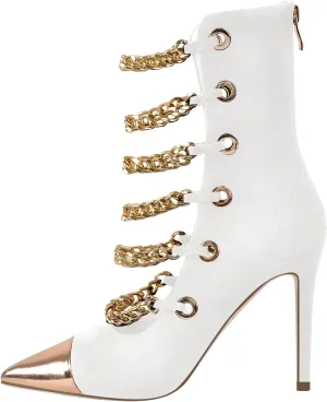 onlymaker Women's Pointed Toe Metal Chains Stiletto High Heel Zip up Boots