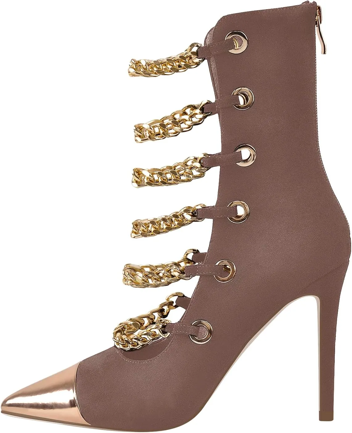 onlymaker Women's Pointed Toe Metal Chains Stiletto High Heel Zip up Boots
