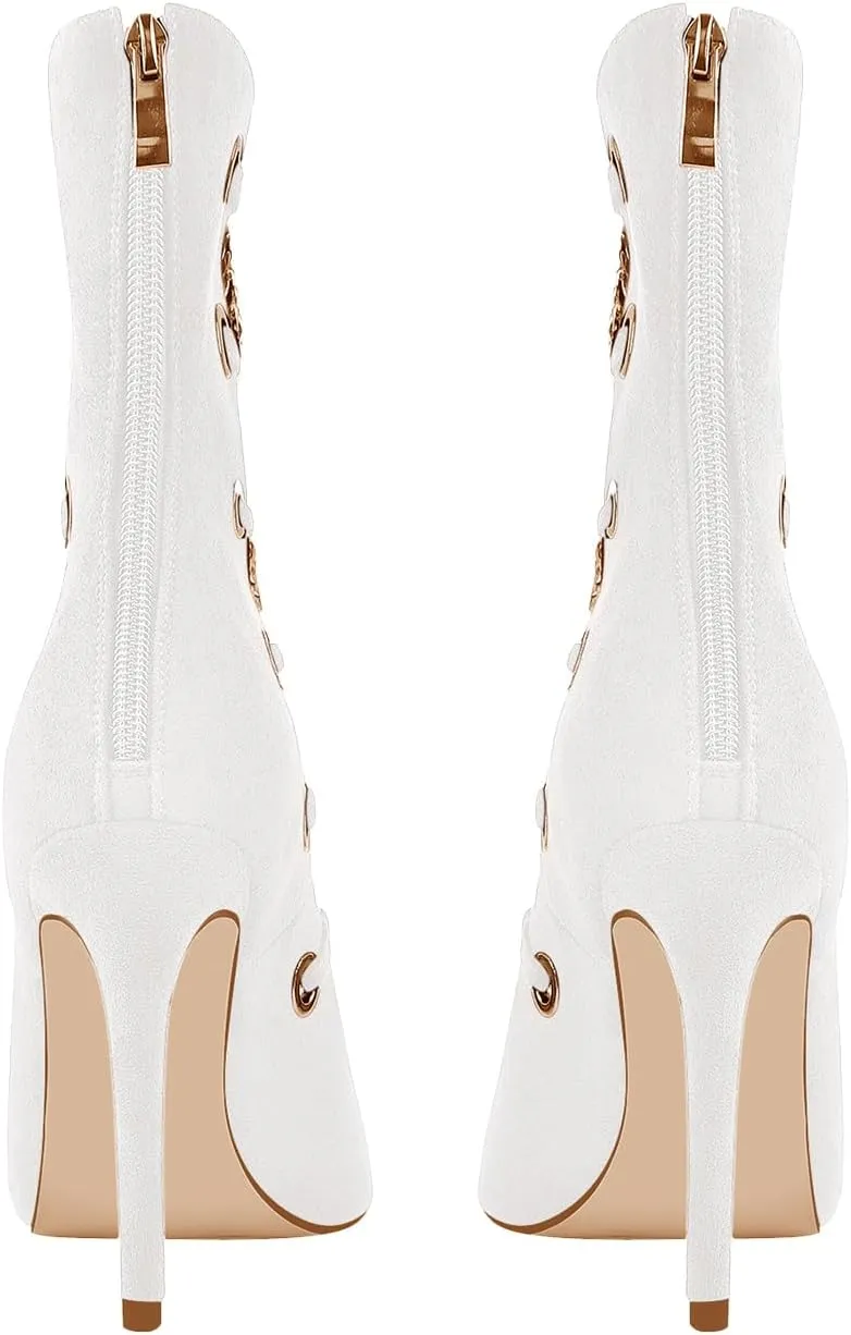 onlymaker Women's Pointed Toe Metal Chains Stiletto High Heel Zip up Boots