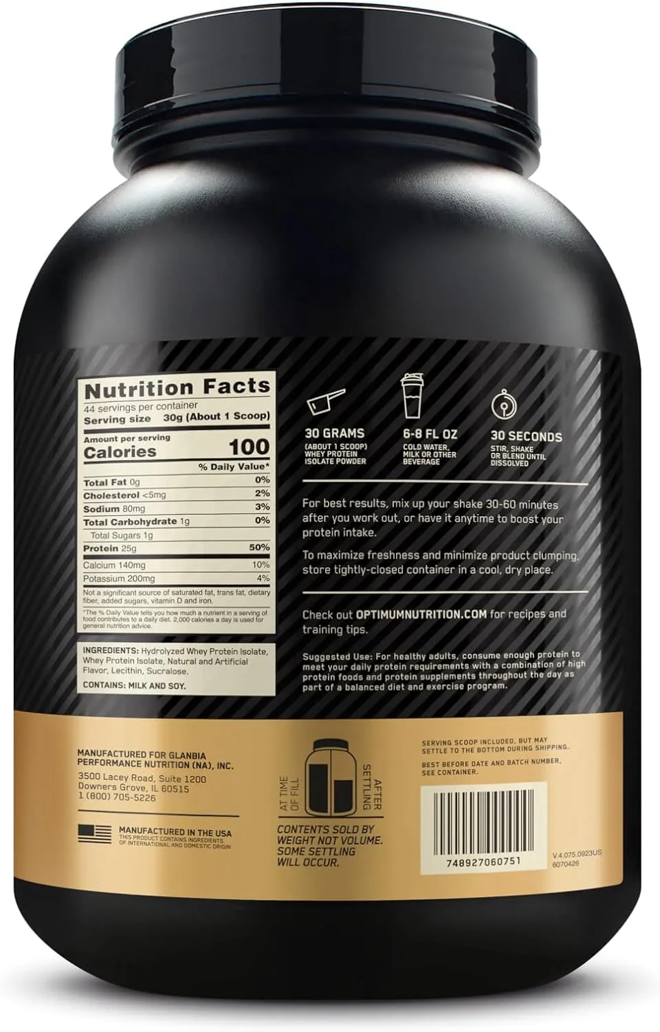 Optimum Nutrition Gold Standard 100% Isolate, Rich Vanilla, 2.91 Pounds, 44 Servings (Packaging May Vary)