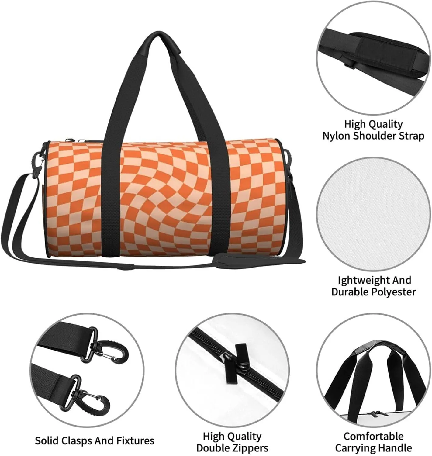 Orange Check Round Travel Duffel Bag Large Capacity Gym Sports Bags for Hiking Vacation Trips