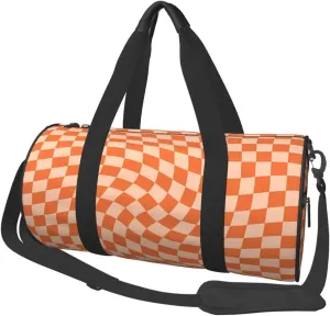 Orange Check Round Travel Duffel Bag Large Capacity Gym Sports Bags for Hiking Vacation Trips