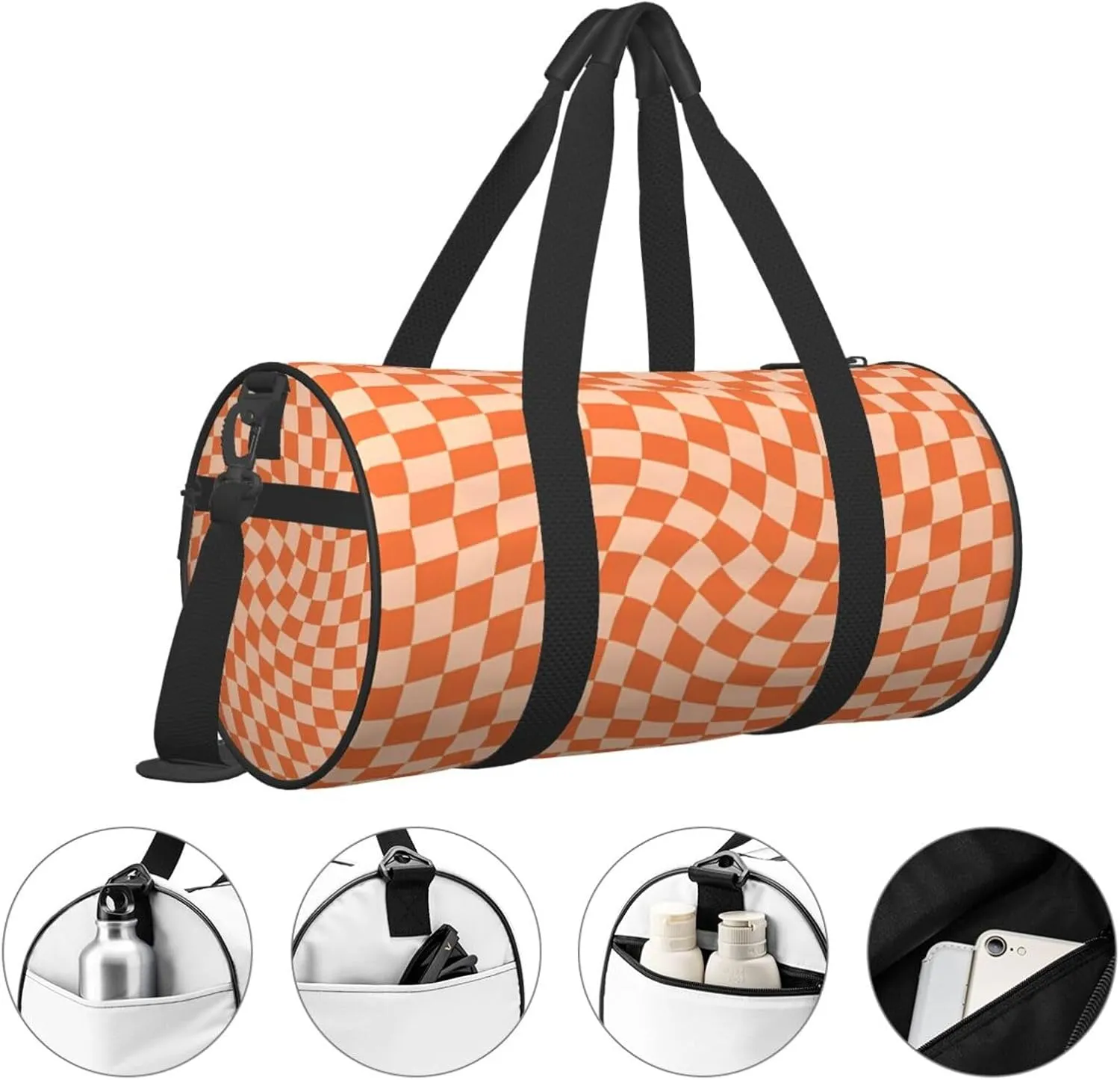Orange Check Round Travel Duffel Bag Large Capacity Gym Sports Bags for Hiking Vacation Trips