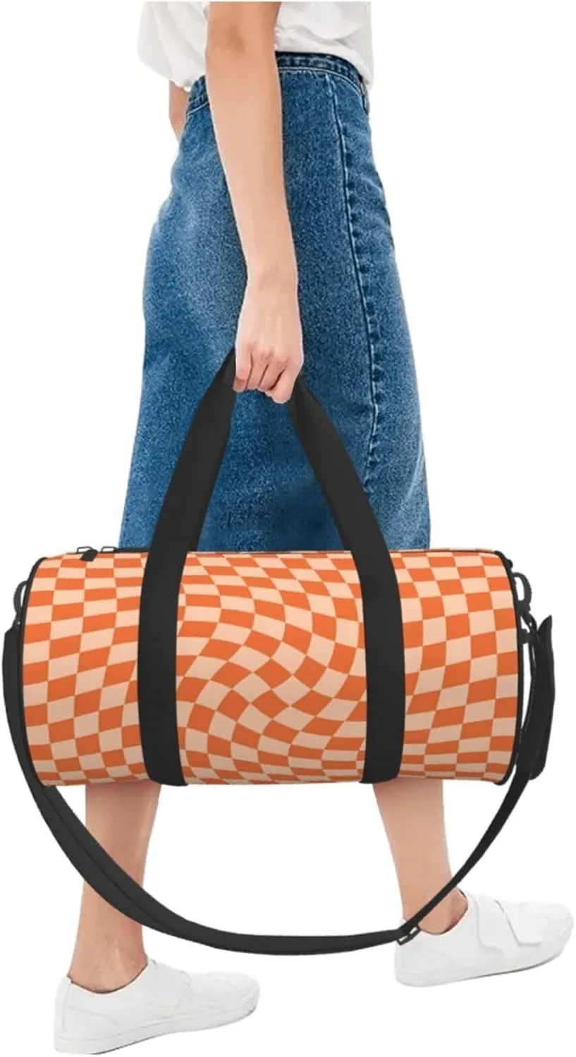 Orange Check Round Travel Duffel Bag Large Capacity Gym Sports Bags for Hiking Vacation Trips