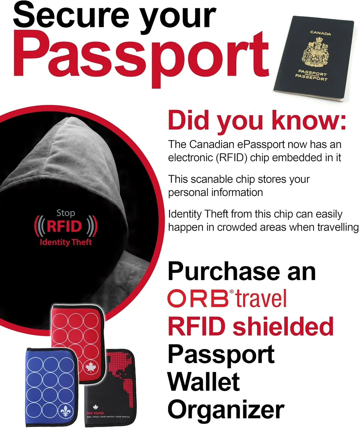ORB Travel RFID Blocking Zippered Passport Travel Document Wallet Case Cover