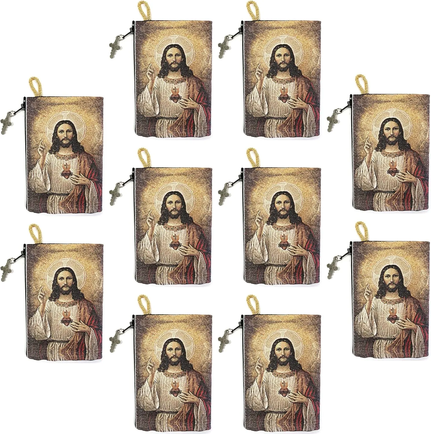 Our Lady of Mount Carmel & Sacred Heart of Jesus, Bulk Catholic Icon Coin Purses, Small Fabric Zipper Pouch, Women's Travel Wallet for Phone, & Change, Clutch Purse for Rosaries & Religious Trinkets