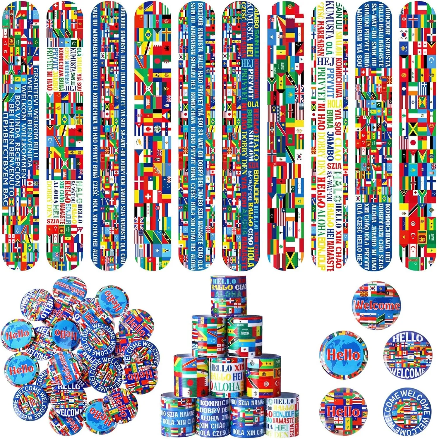 Outus 60 Pcs International World Flags Party Favors: 30 Slap Bracelets, 30 Button Pins, Around the World Supplies & Prizes