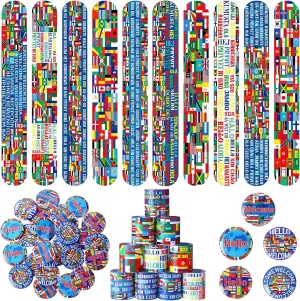 Outus 60 Pcs International World Flags Party Favors: 30 Slap Bracelets, 30 Button Pins, Around the World Supplies & Prizes