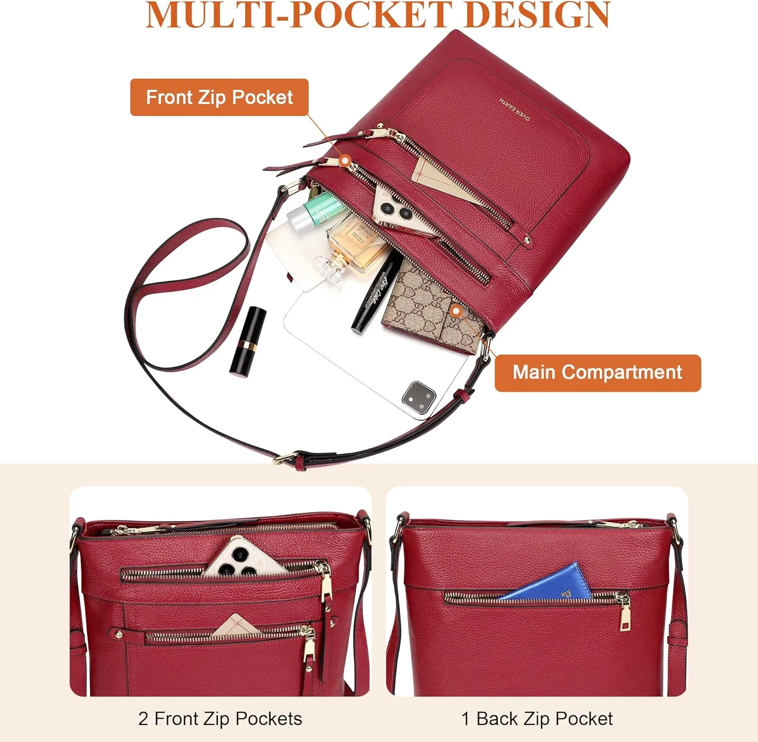Over Earth Crossbody Bags for Women Leather Purses for Ladies with Multiple Pockets