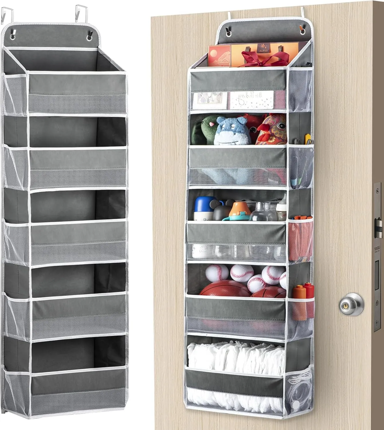Over The Door Storage Organizer with 5 Large Pockets & 10 Mesh Side Pockets, Foldable,44 lbs Capacity, Clear Window for Home Office Bedroom Bathroom, Dark Grey