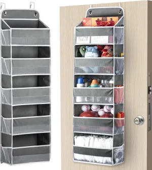Over The Door Storage Organizer with 5 Large Pockets & 10 Mesh Side Pockets, Foldable,44 lbs Capacity, Clear Window for Home Office Bedroom Bathroom, Dark Grey