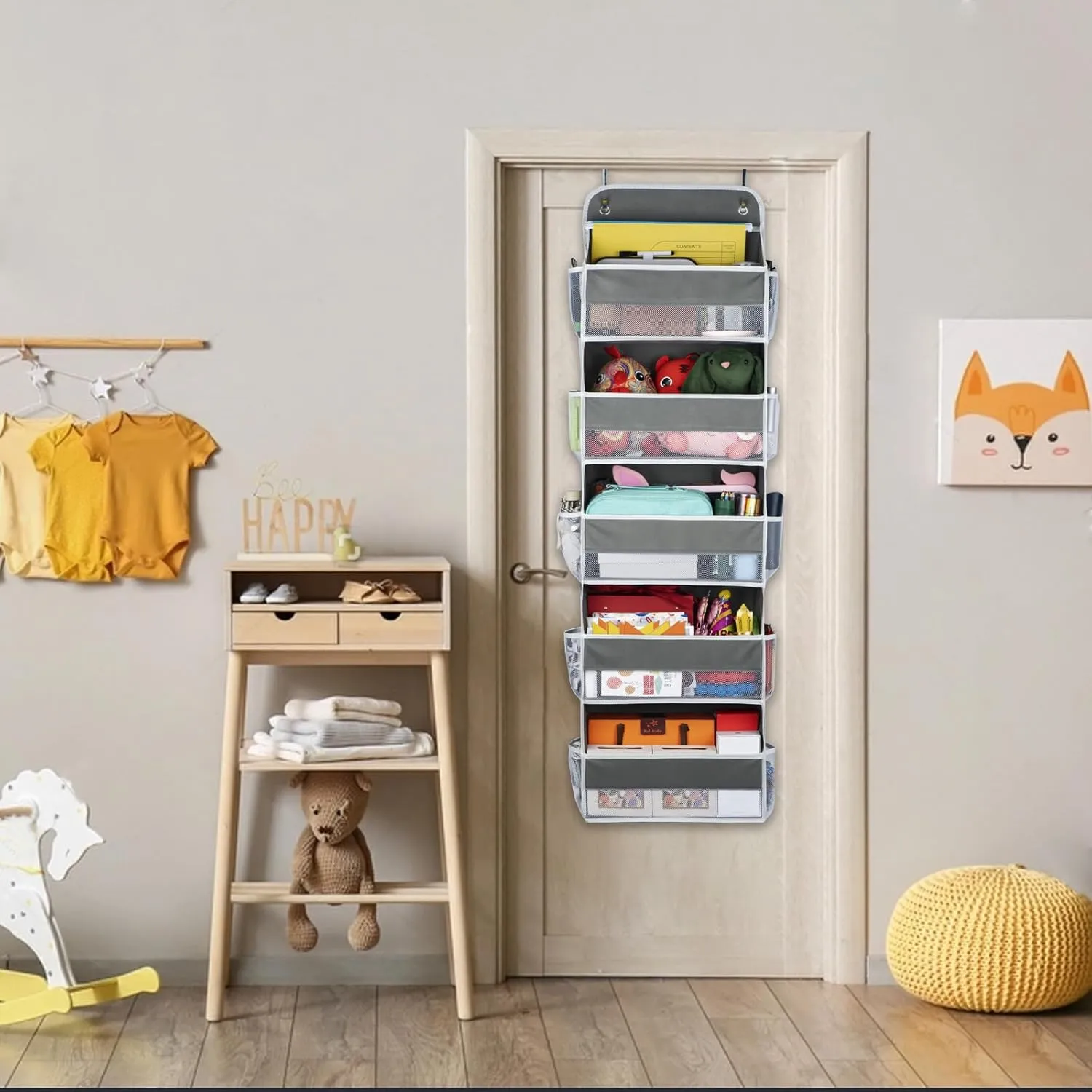 Over The Door Storage Organizer with 5 Large Pockets & 10 Mesh Side Pockets, Foldable,44 lbs Capacity, Clear Window for Home Office Bedroom Bathroom, Dark Grey
