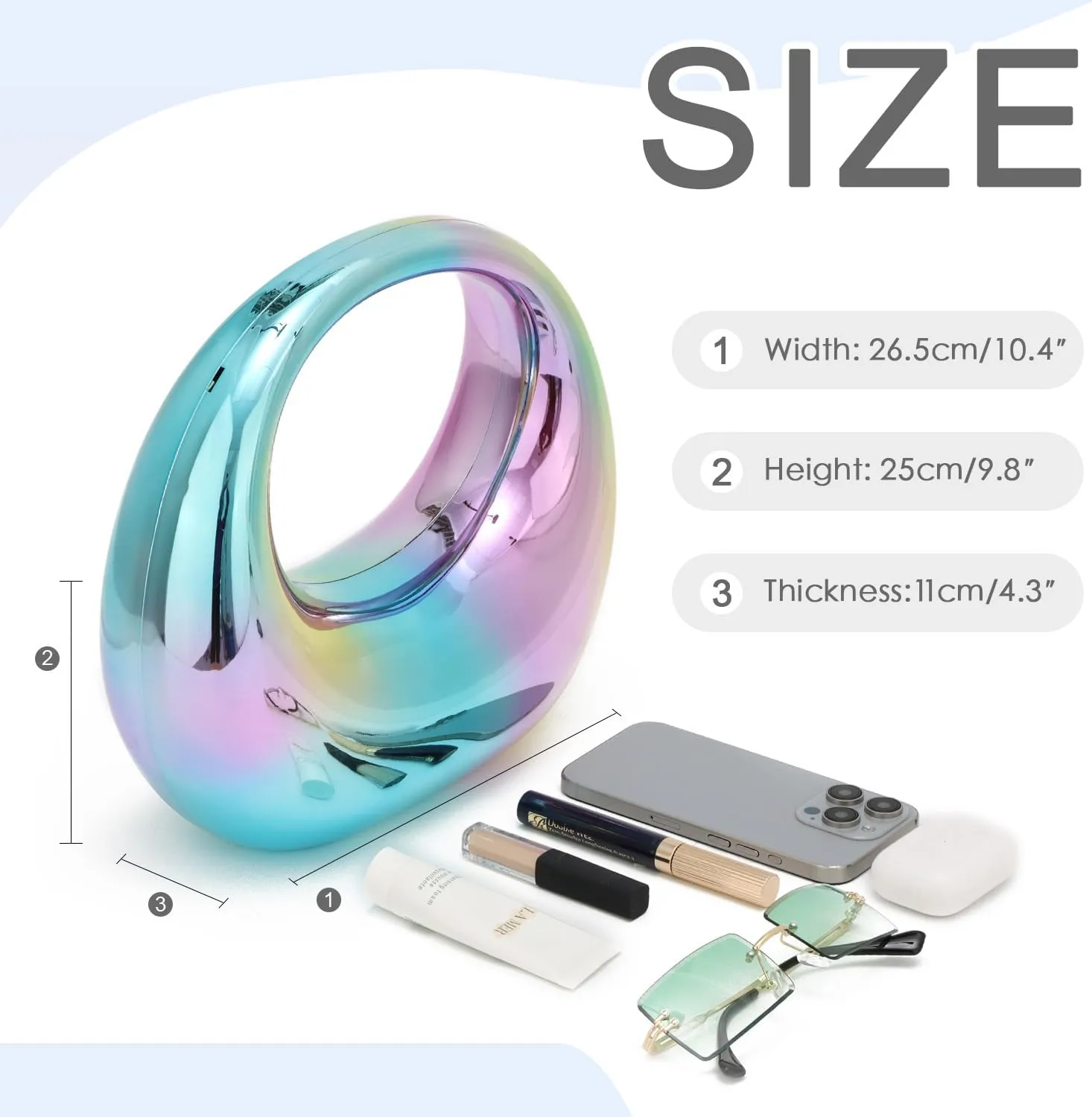 Oweisong Gold Acrylic Clutch Purse for Women Moon Hape Top Handle Handbag Colorful Clear Shoulder Evening Bag with Chain