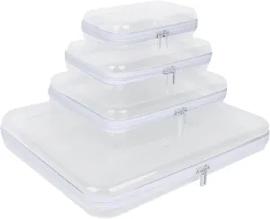 Owfeel 4PCS Clear Hard Shell Zipper Case, Plastic Double Zippered Storage Organizer Pouches for Travel, Transparent Cosmetic Bag for Make Up Tools, Toiletries, Toy Storage