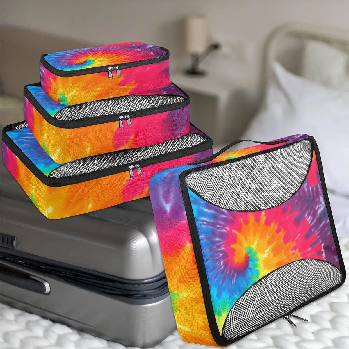 Packing Cubes 4 Pack Multicolor Abstract Art Swirl Tie Dye Travel Packing Bags Individual Carry on Suitcases Underwear Luggage Mesh Organizer Packing Cubes Set for Travel Bag Backpack