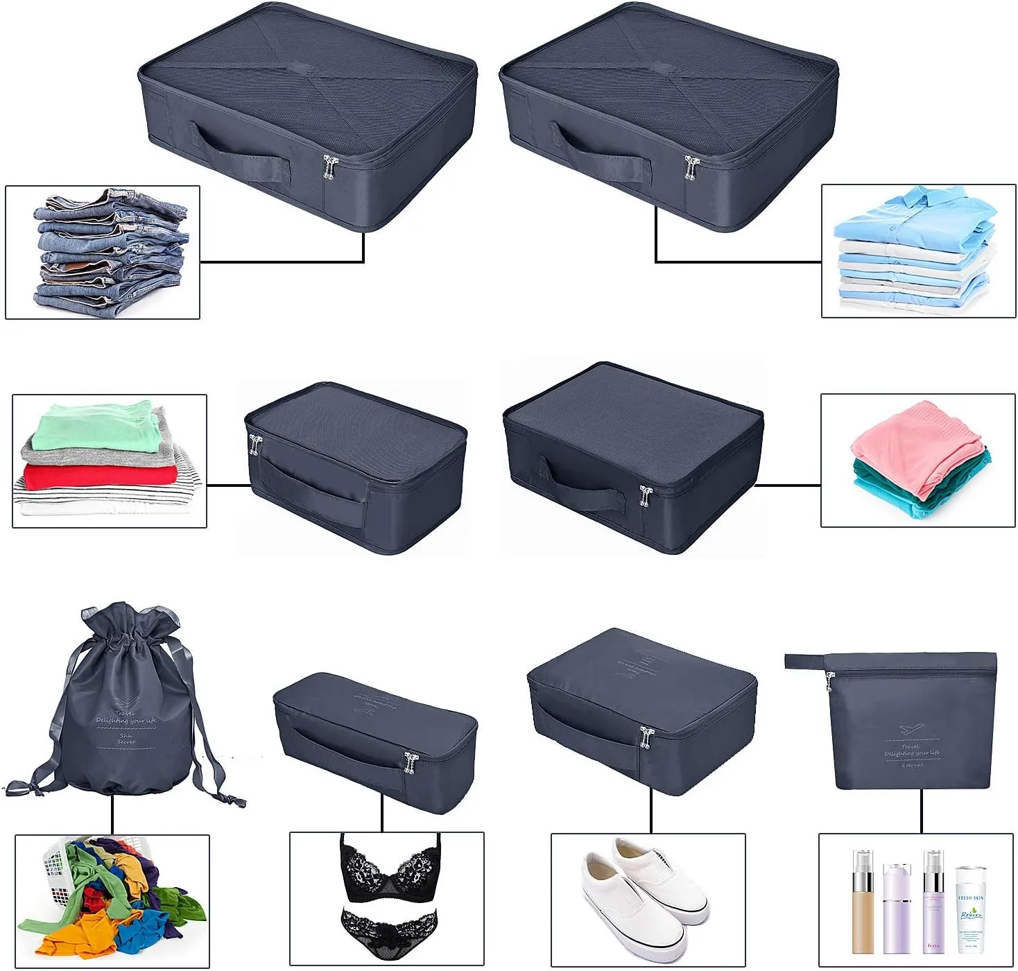 Packing Cubes 8 Sets Travel Luggage Organizers Include Waterproof Shoe Storage Bag Convenient Packing Pouches for Traveller (Navy blue)