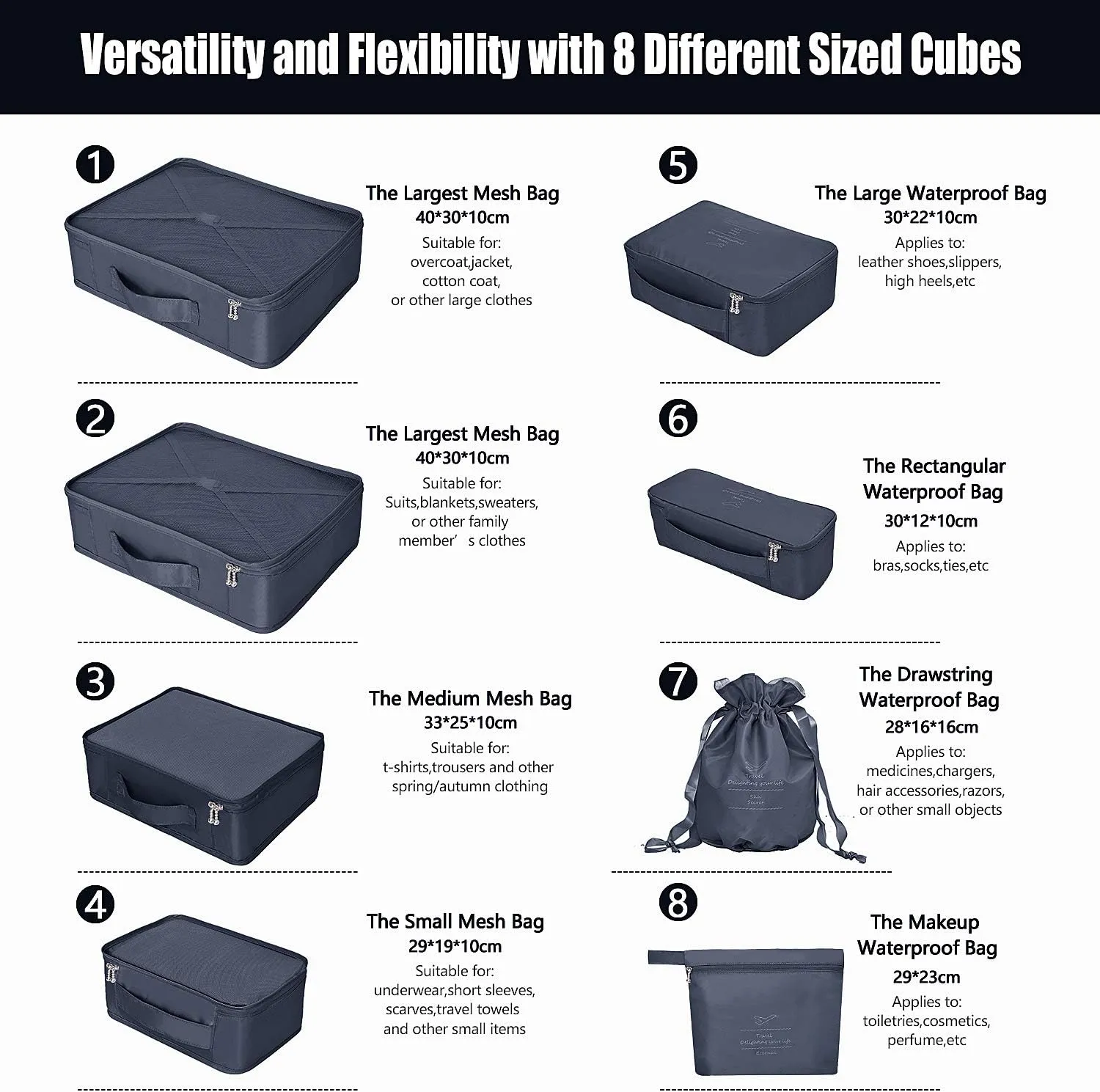 Packing Cubes 8 Sets Travel Luggage Organizers Include Waterproof Shoe Storage Bag Convenient Packing Pouches for Traveller (Navy blue)