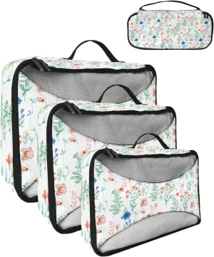 Packing Cubes for Travel, 4 Set Travel Packing Organized Cubes Plants Blue Flowers Green Leaves Watercolor Style Waterproof Luggage Organizer with Laundry Bag Travel Accessories for Carry On Suitcases