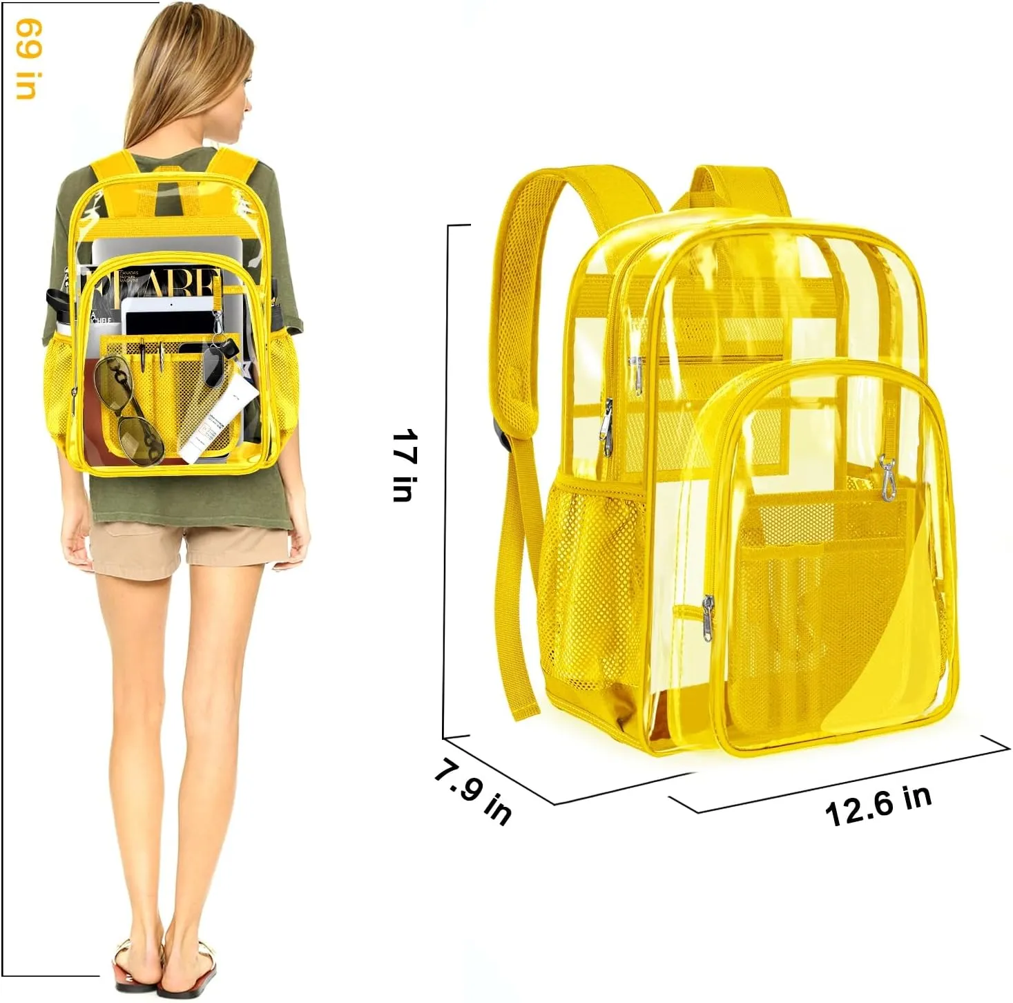 PAMANO Clear Backpack Transparent Heavy Duty Bookbag See Through Bag for College Work Travel Security, Yellow
