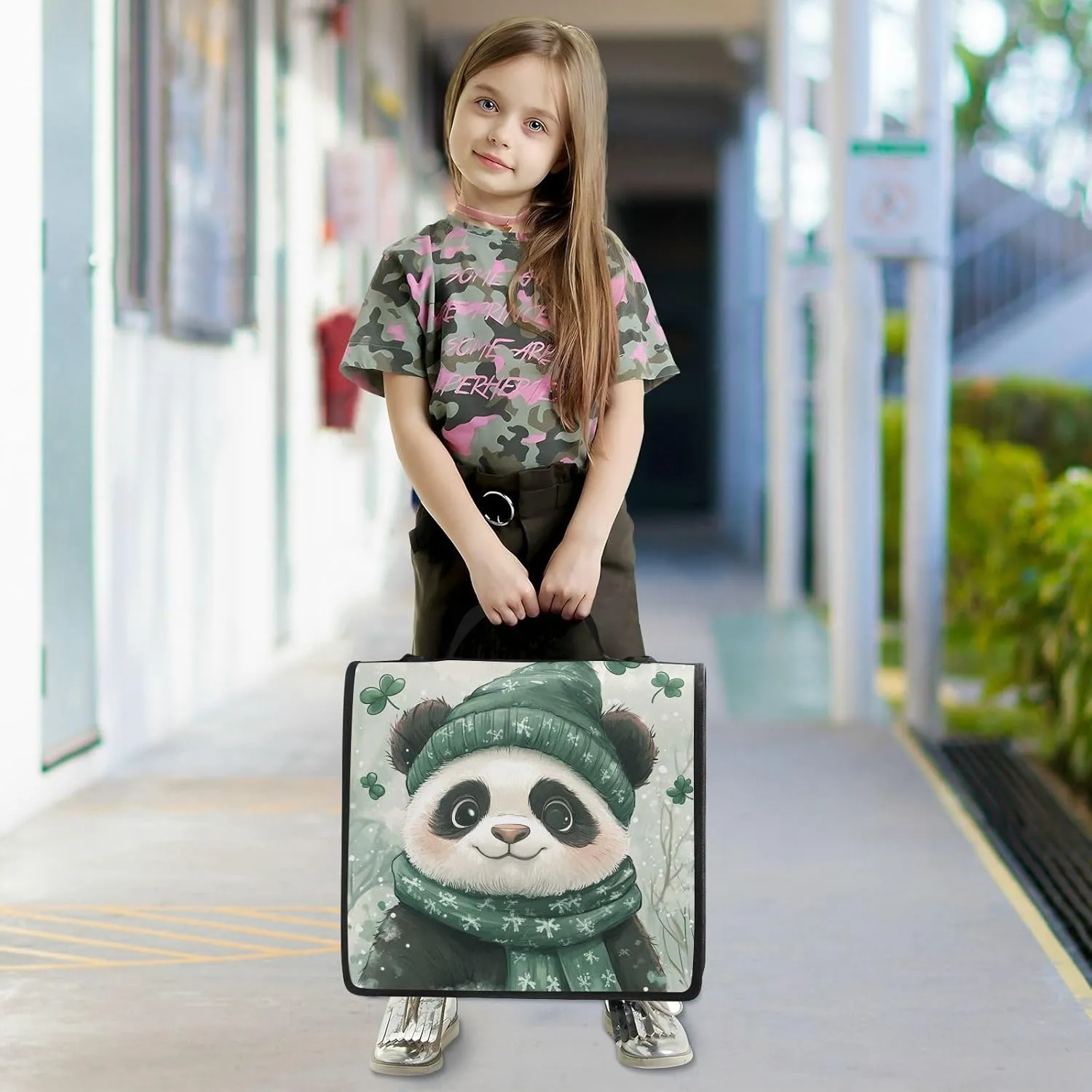 Panda Teal Pattern 1.5 Inch 3 Rings Binder with Extra Pockets with Shoulder Strap Multiple Pockets Portable Home Travel Safe Storage Bag Suitable for Middle School