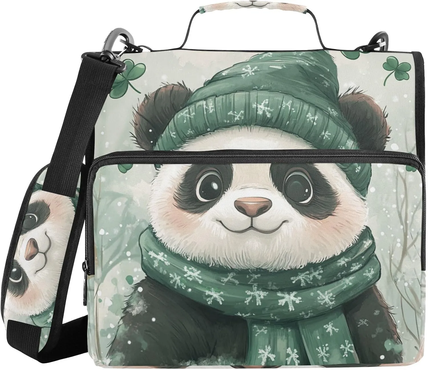 Panda Teal Pattern 1.5 Inch 3 Rings Binder with Extra Pockets with Shoulder Strap Multiple Pockets Portable Home Travel Safe Storage Bag Suitable for Middle School