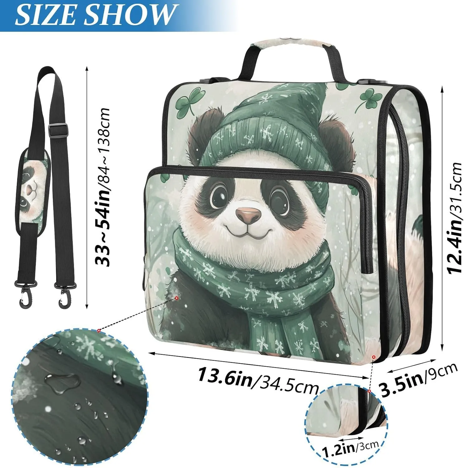 Panda Teal Pattern 1.5 Inch 3 Rings Binder with Extra Pockets with Shoulder Strap Multiple Pockets Portable Home Travel Safe Storage Bag Suitable for Middle School