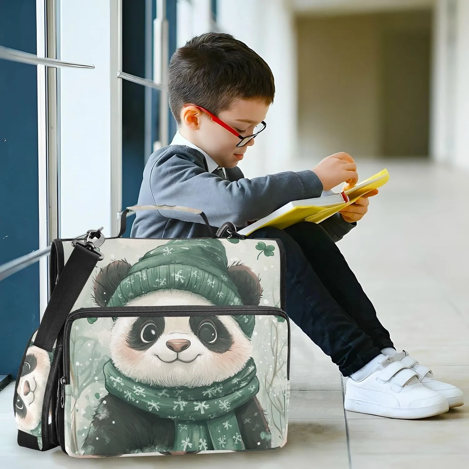 Panda Teal Pattern 1.5 Inch 3 Rings Binder with Extra Pockets with Shoulder Strap Multiple Pockets Portable Home Travel Safe Storage Bag Suitable for Middle School