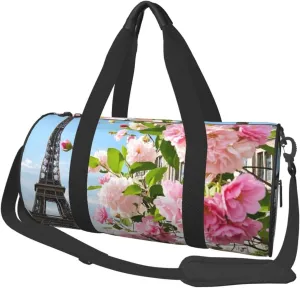 Paris Street Tower Floral Print Round Large Capacity Travel Luggage Bags,Men's and Women's Hand-Held Travel Clothing Bags