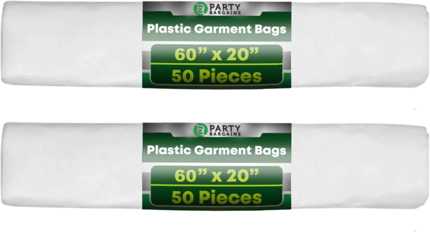 PARTY BARGAINS Disposable Garment Bag, 100 Pack, 60 x 20 IN, Polyethylene, Zipper Closure