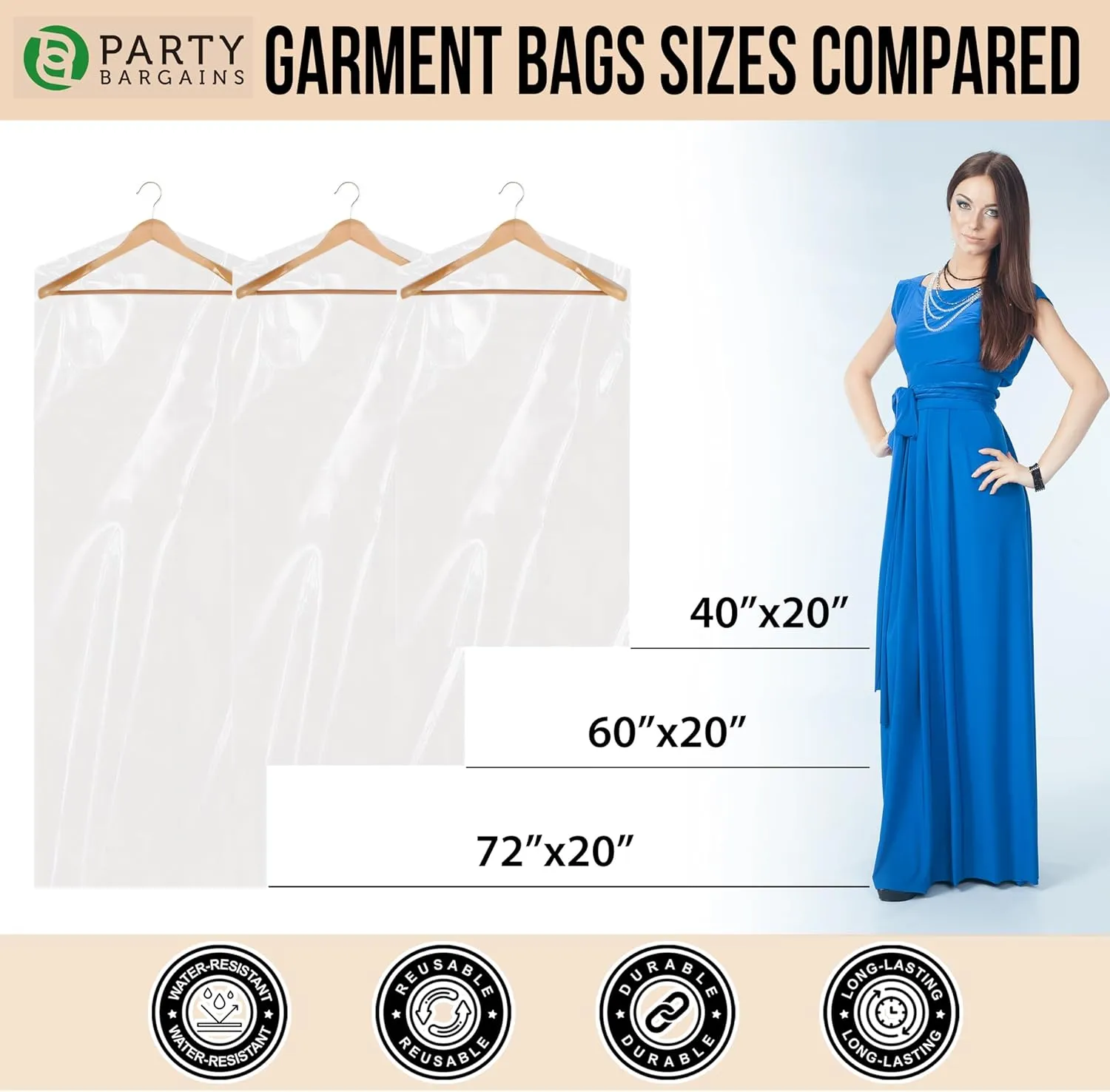 PARTY BARGAINS Disposable Garment Bag, 100 Pack, 60 x 20 IN, Polyethylene, Zipper Closure