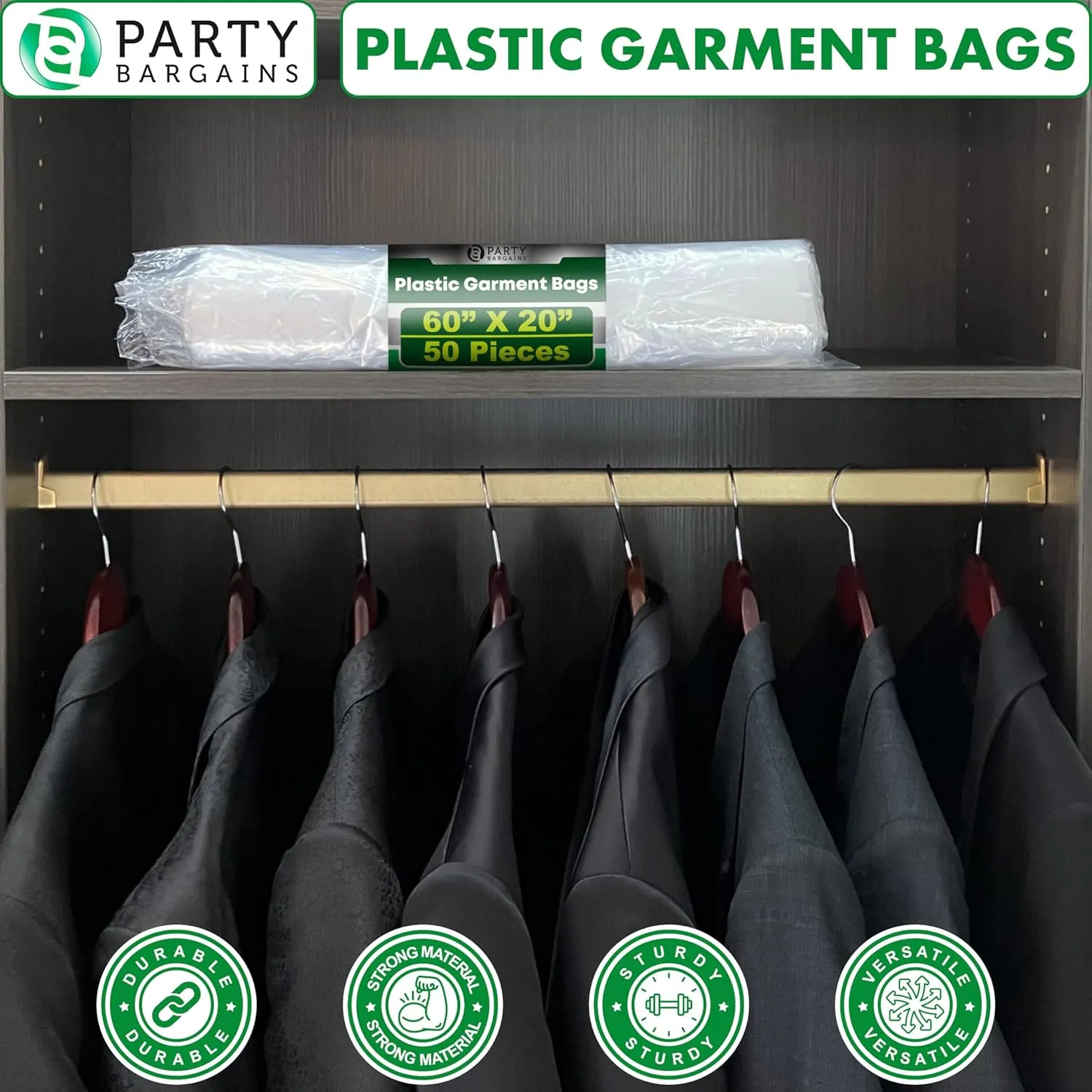 PARTY BARGAINS Disposable Garment Bag, 100 Pack, 60 x 20 IN, Polyethylene, Zipper Closure