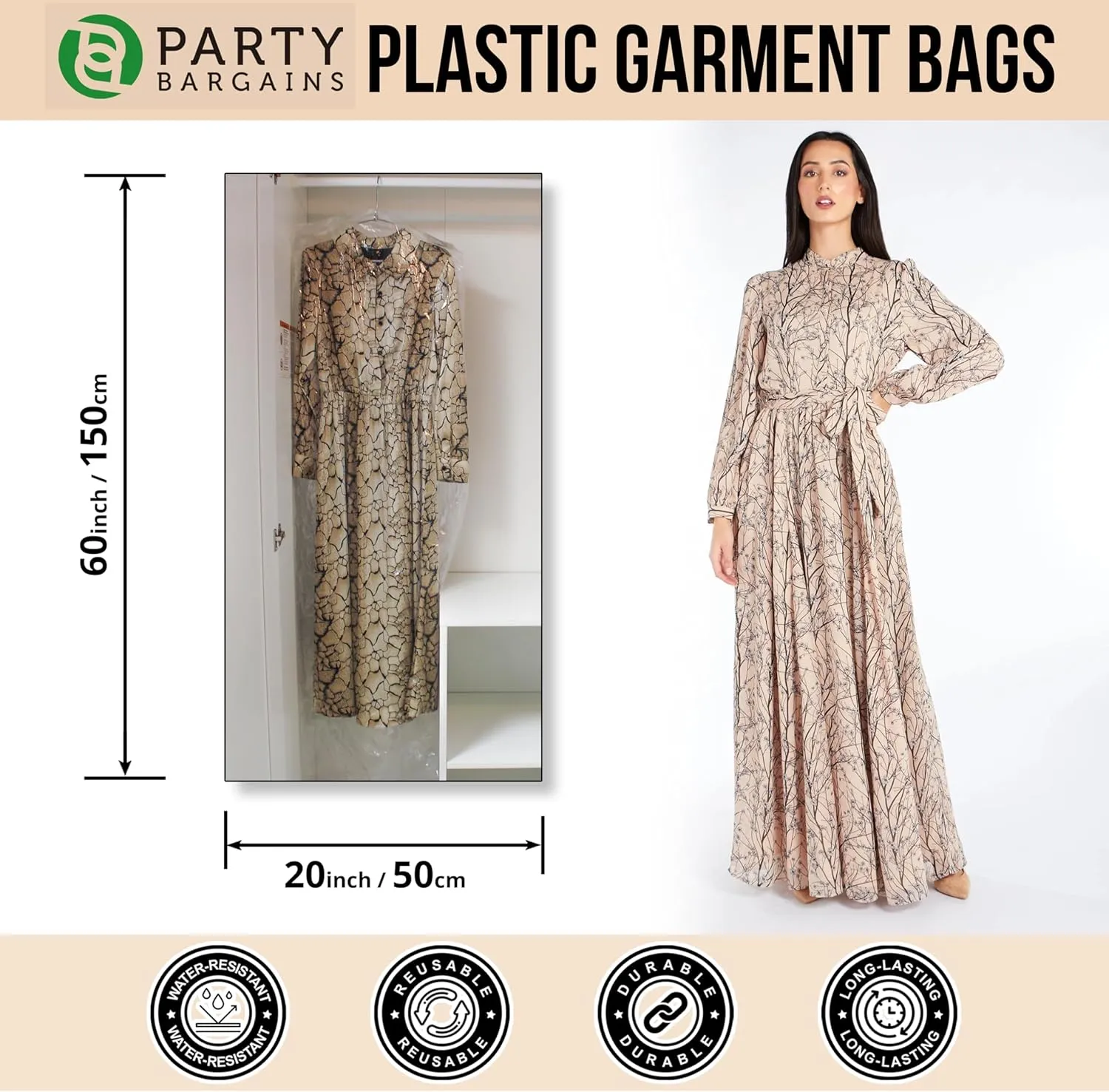 PARTY BARGAINS Disposable Garment Bag, 100 Pack, 60 x 20 IN, Polyethylene, Zipper Closure