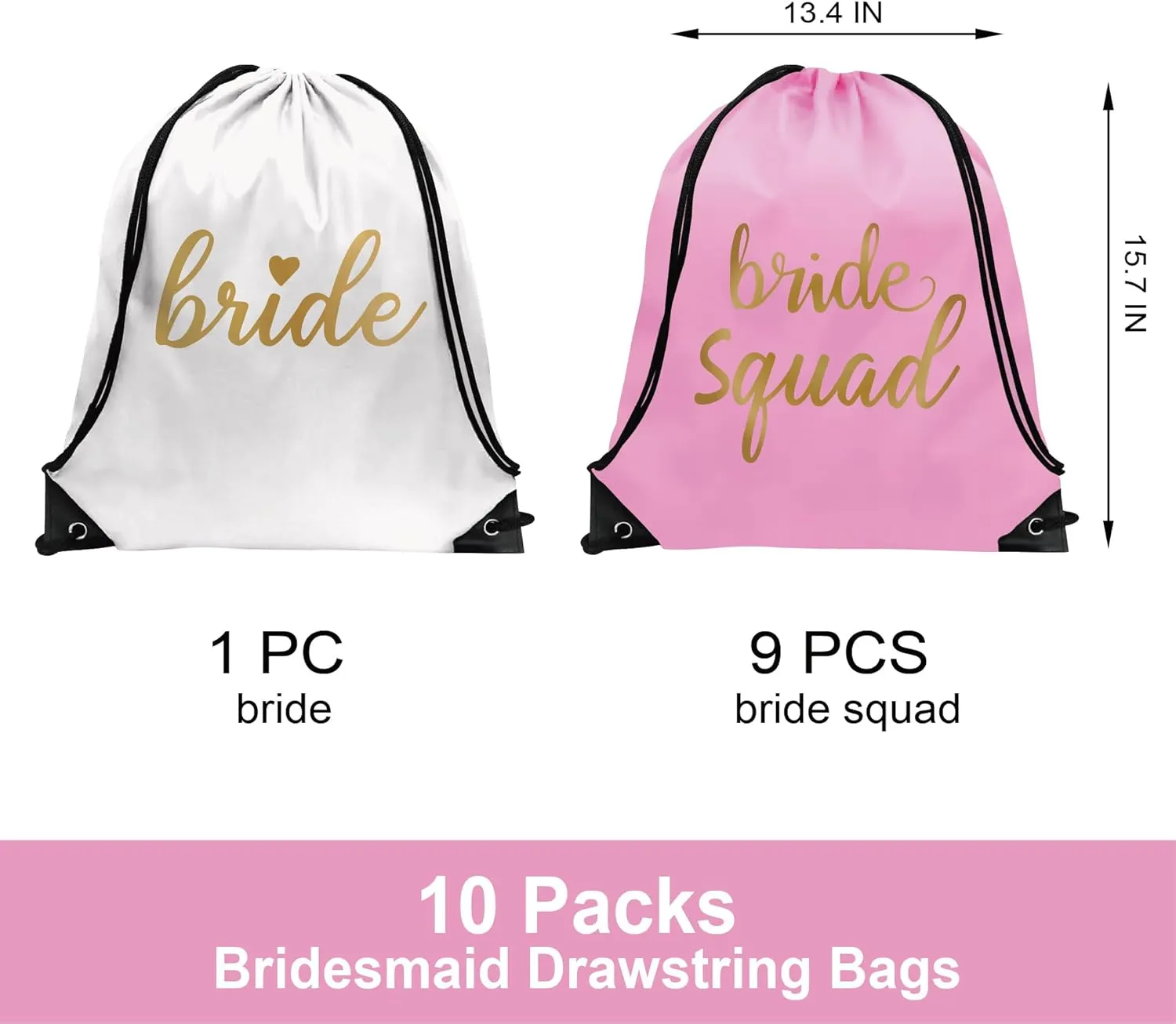 PartyGifts&beyond Bridesmaid Gift Drawstring Bags 10Packs Bride Squad Gift Bags for Bachelorette Party Bridal Drawstring Bags for Wedding Gifts(Pink)