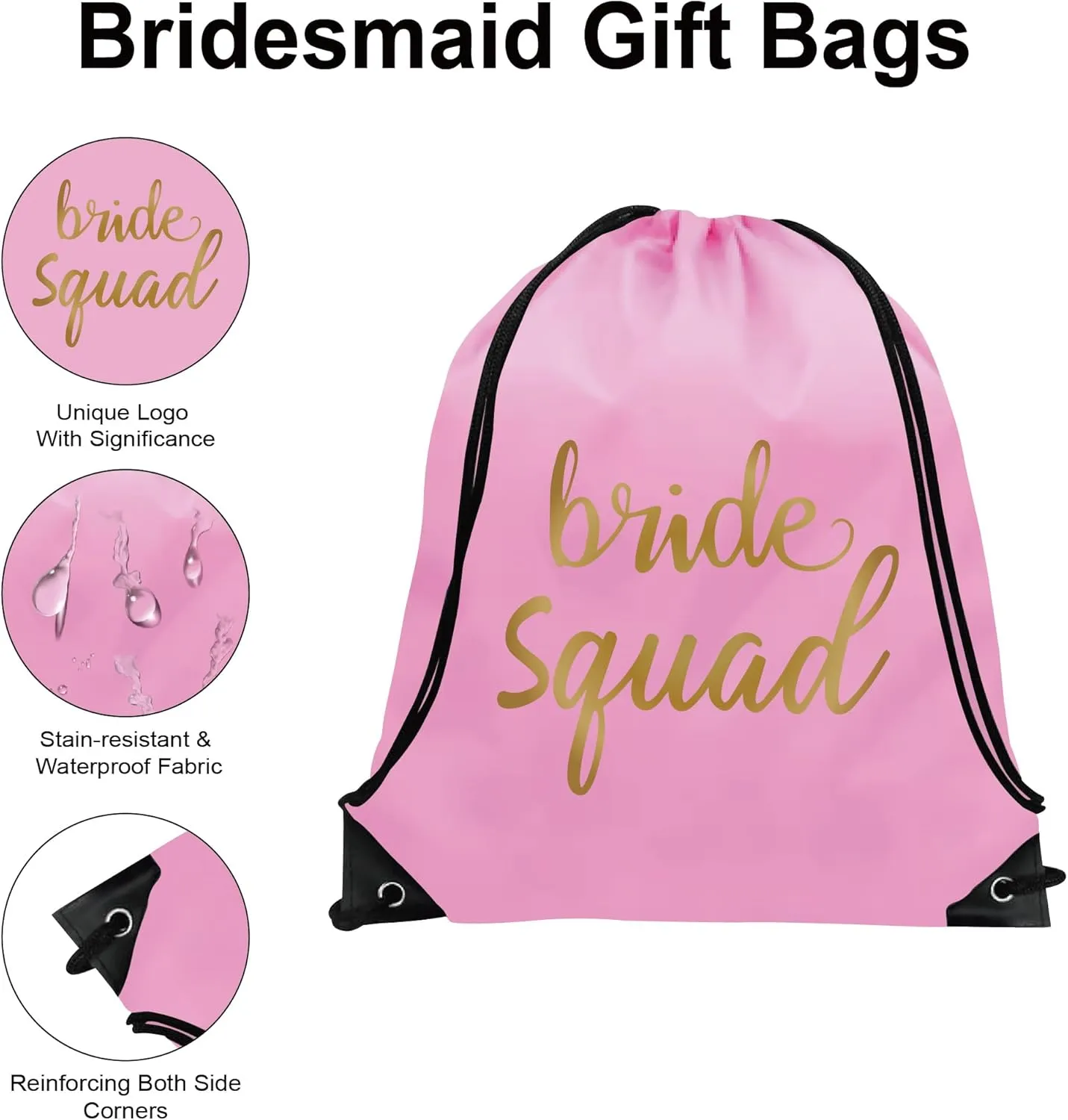 PartyGifts&beyond Bridesmaid Gift Drawstring Bags 10Packs Bride Squad Gift Bags for Bachelorette Party Bridal Drawstring Bags for Wedding Gifts(Pink)