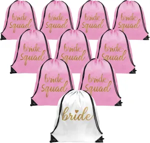 PartyGifts&beyond Bridesmaid Gift Drawstring Bags 10Packs Bride Squad Gift Bags for Bachelorette Party Bridal Drawstring Bags for Wedding Gifts(Pink)