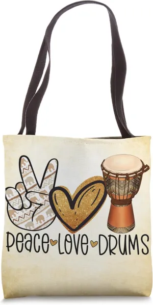 Peace Love Drums Djembe Player Africa Elephant Ethnic Drum Tote Bag
