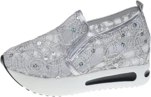 pearlzone Women Breathable Mesh Platform Slip ON Casual Flower Embroidered Mesh Air-Cushion Walking Sneakers