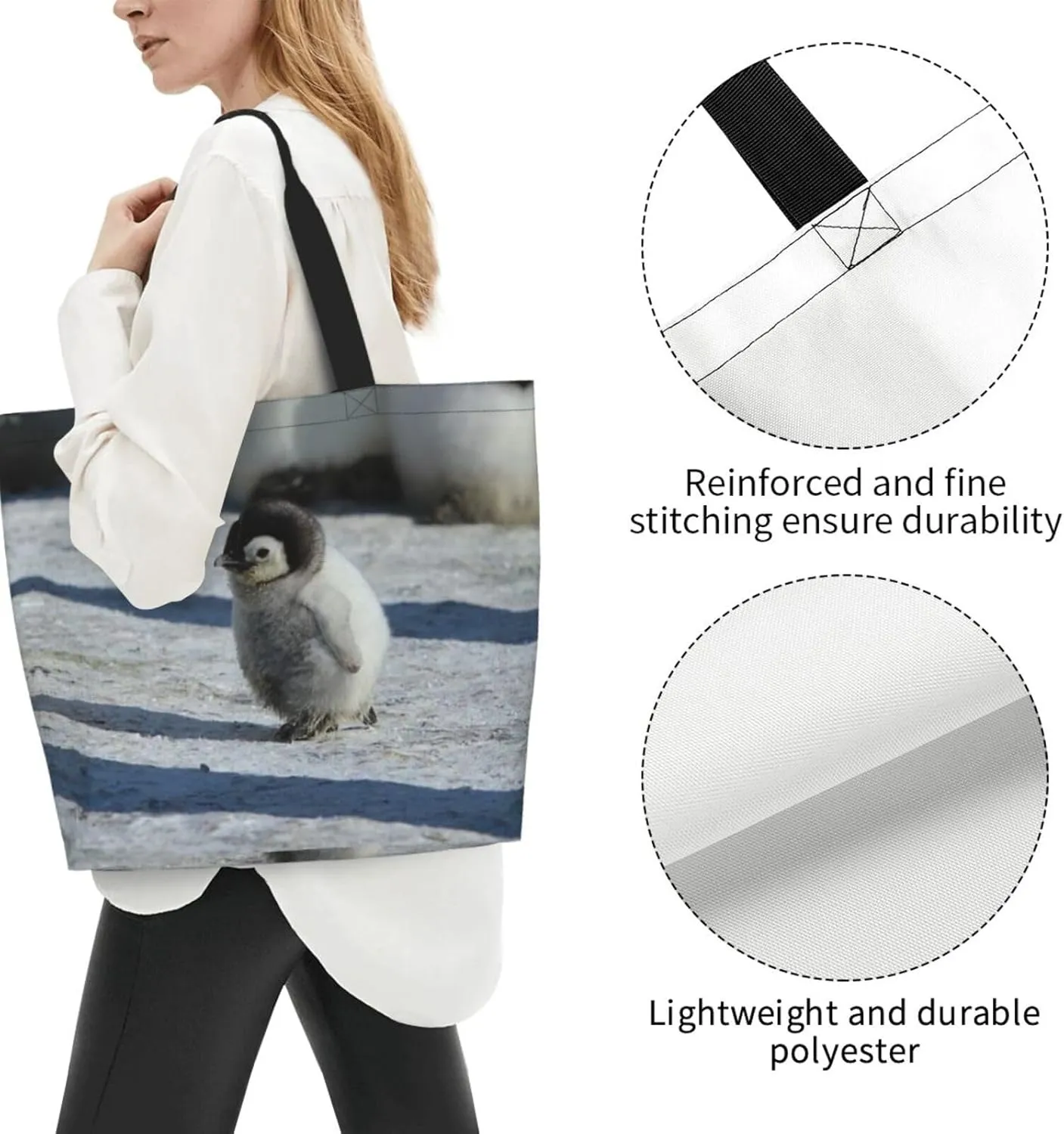 Penguin Canvas Tote Bag Cute Shoulder Bag Handbag Casual Animal Grocery Bags Penguin Bag for Outdoors