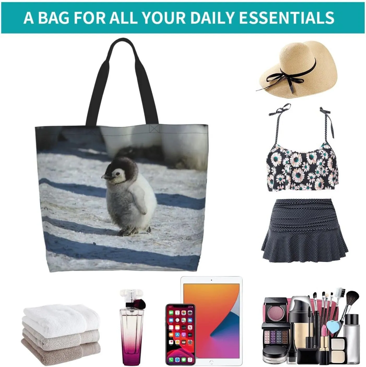Penguin Canvas Tote Bag Cute Shoulder Bag Handbag Casual Animal Grocery Bags Penguin Bag for Outdoors