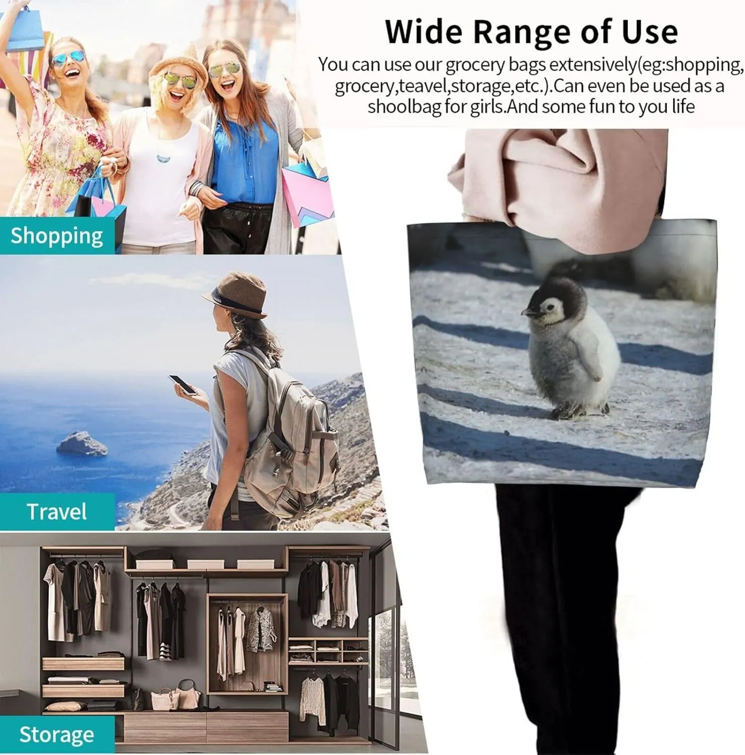 Penguin Canvas Tote Bag Cute Shoulder Bag Handbag Casual Animal Grocery Bags Penguin Bag for Outdoors