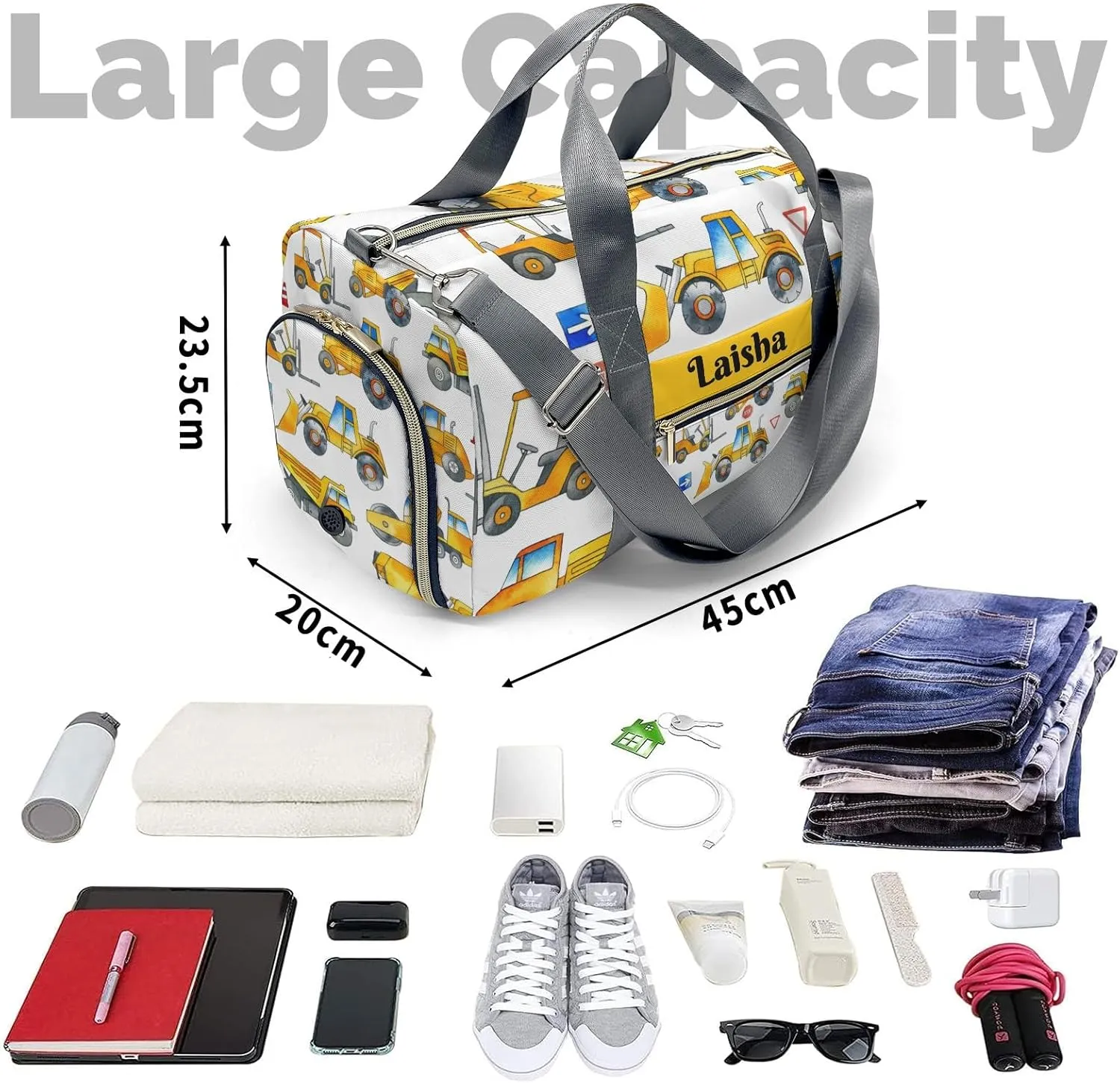 Personalized Construction Cars Duffel Bag,Customized Sport Player Travel Bag for Gifts
