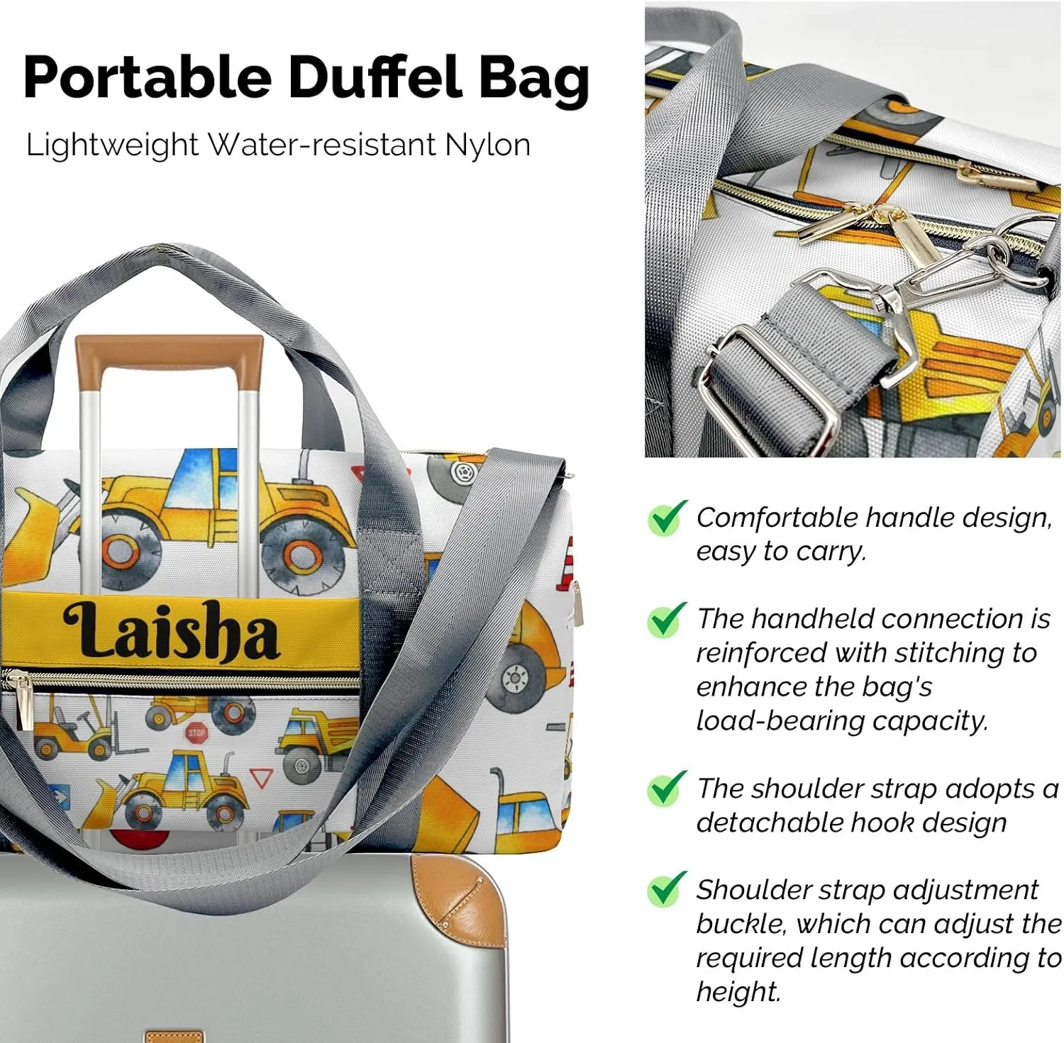 Personalized Construction Cars Duffel Bag,Customized Sport Player Travel Bag for Gifts