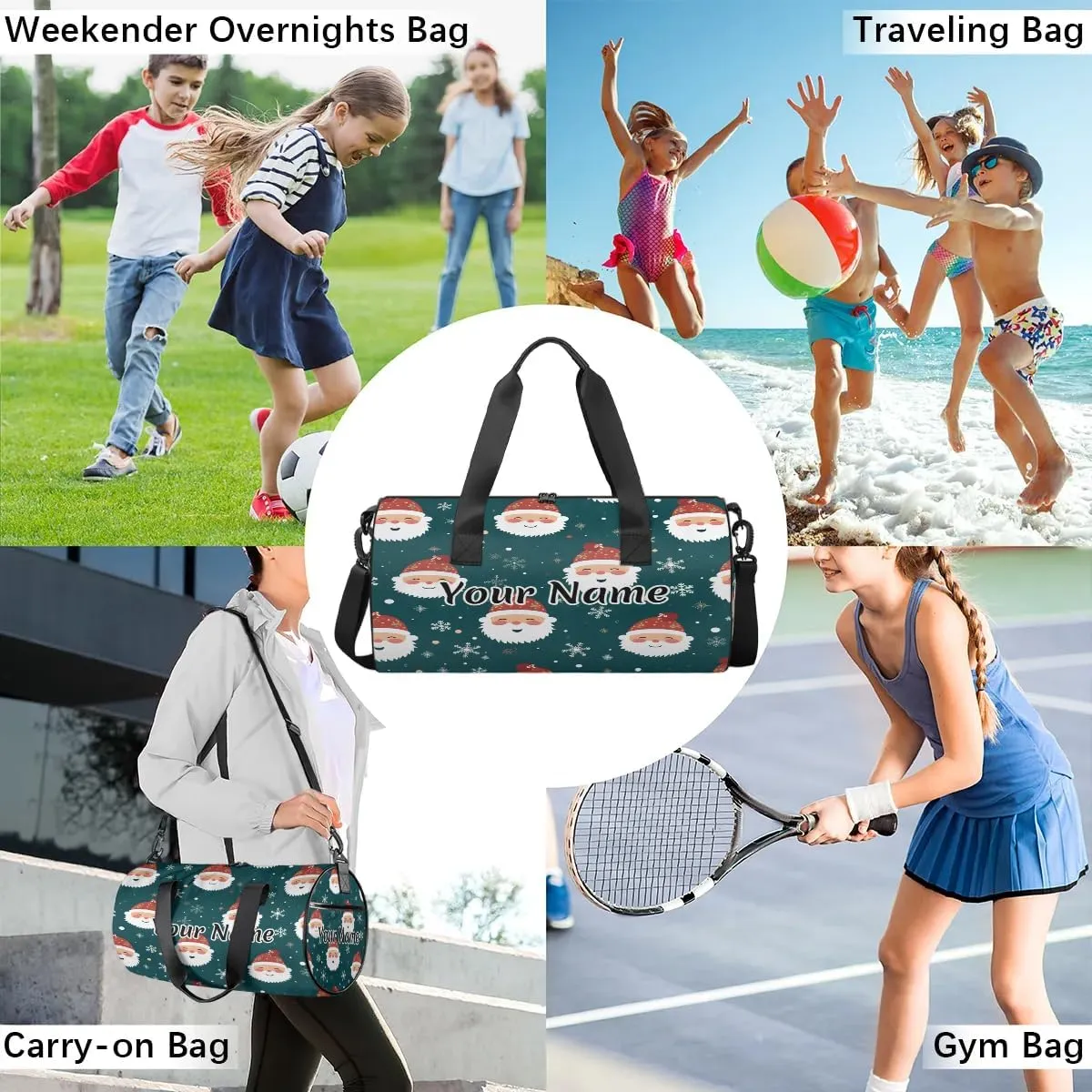 Personalized Duffel Bag for Women, Custom Christmas Gym Bag for Sports, Waterproof Dance Bag with Name, Lightweight Carryon Gym Bag, Christmas Santa Claus