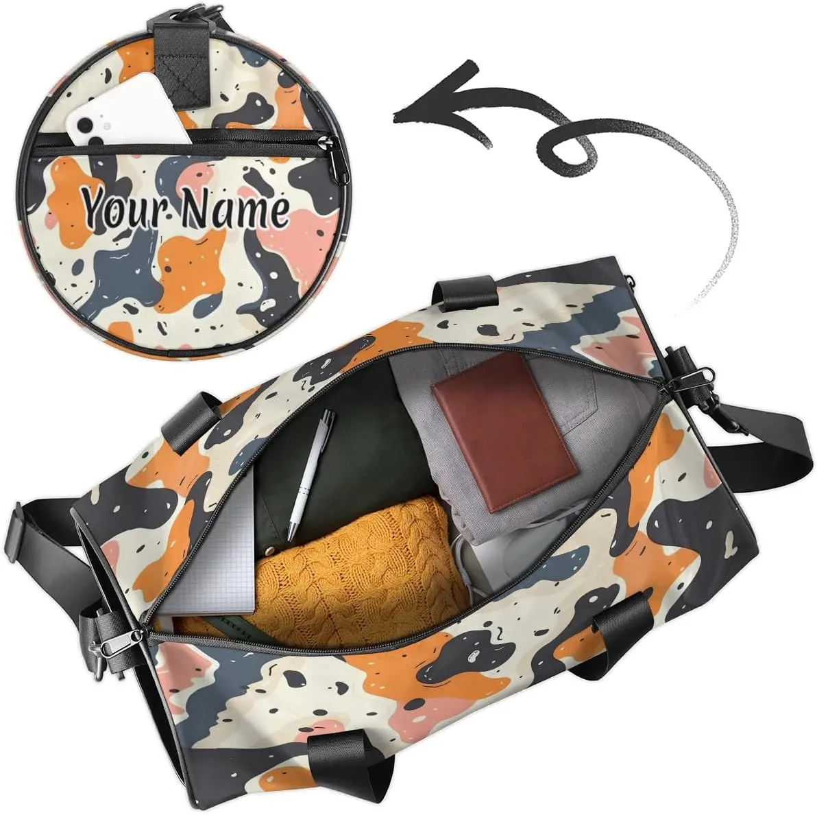 Personalized Duffel Bag for Women, Custom Cow Print Gym Bag for Sports, Waterproof Dance Bag with Name, Lightweight Carryon Gym Bag, Animal Skin Cowhide Pattern