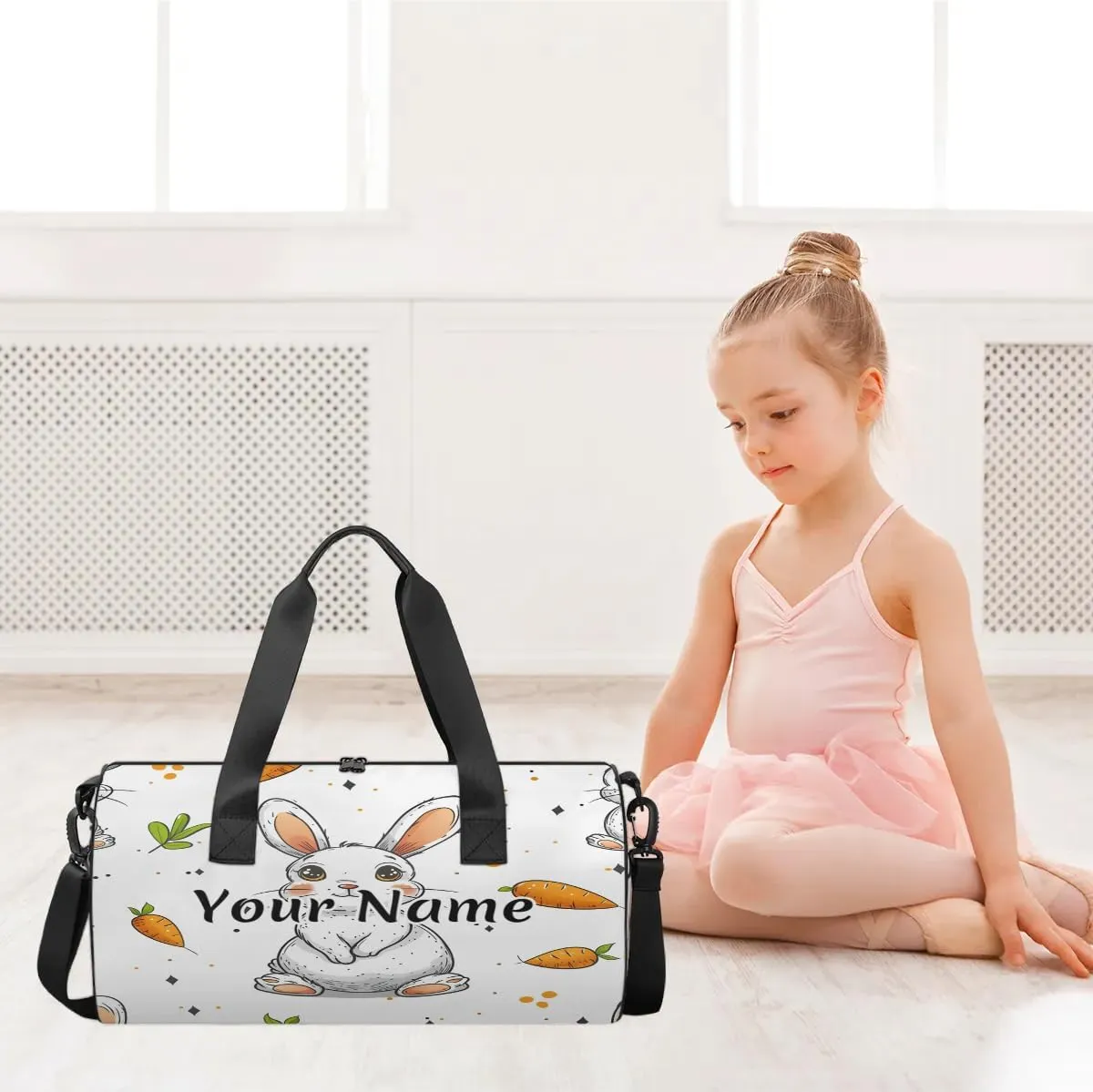 Personalized Duffel Bag for Women, Custom Cute Rabbit Gym Bag for Sports, Waterproof Dance Bag with Name, Lightweight Carryon Gym Bag, Rabbit Carrot