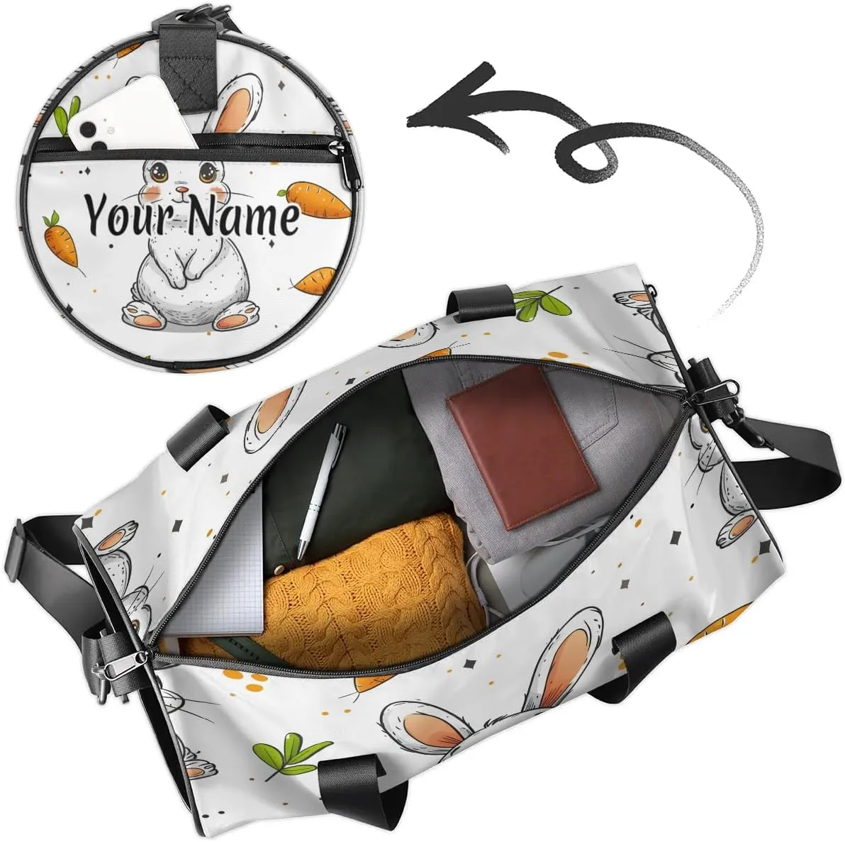Personalized Duffel Bag for Women, Custom Cute Rabbit Gym Bag for Sports, Waterproof Dance Bag with Name, Lightweight Carryon Gym Bag, Rabbit Carrot