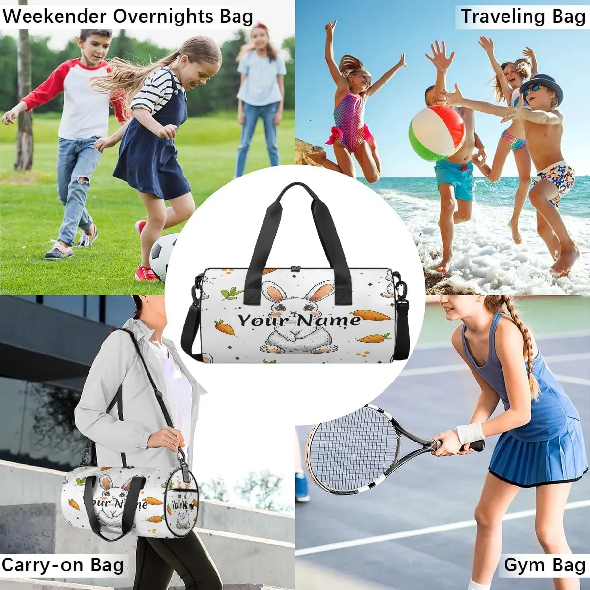 Personalized Duffel Bag for Women, Custom Cute Rabbit Gym Bag for Sports, Waterproof Dance Bag with Name, Lightweight Carryon Gym Bag, Rabbit Carrot