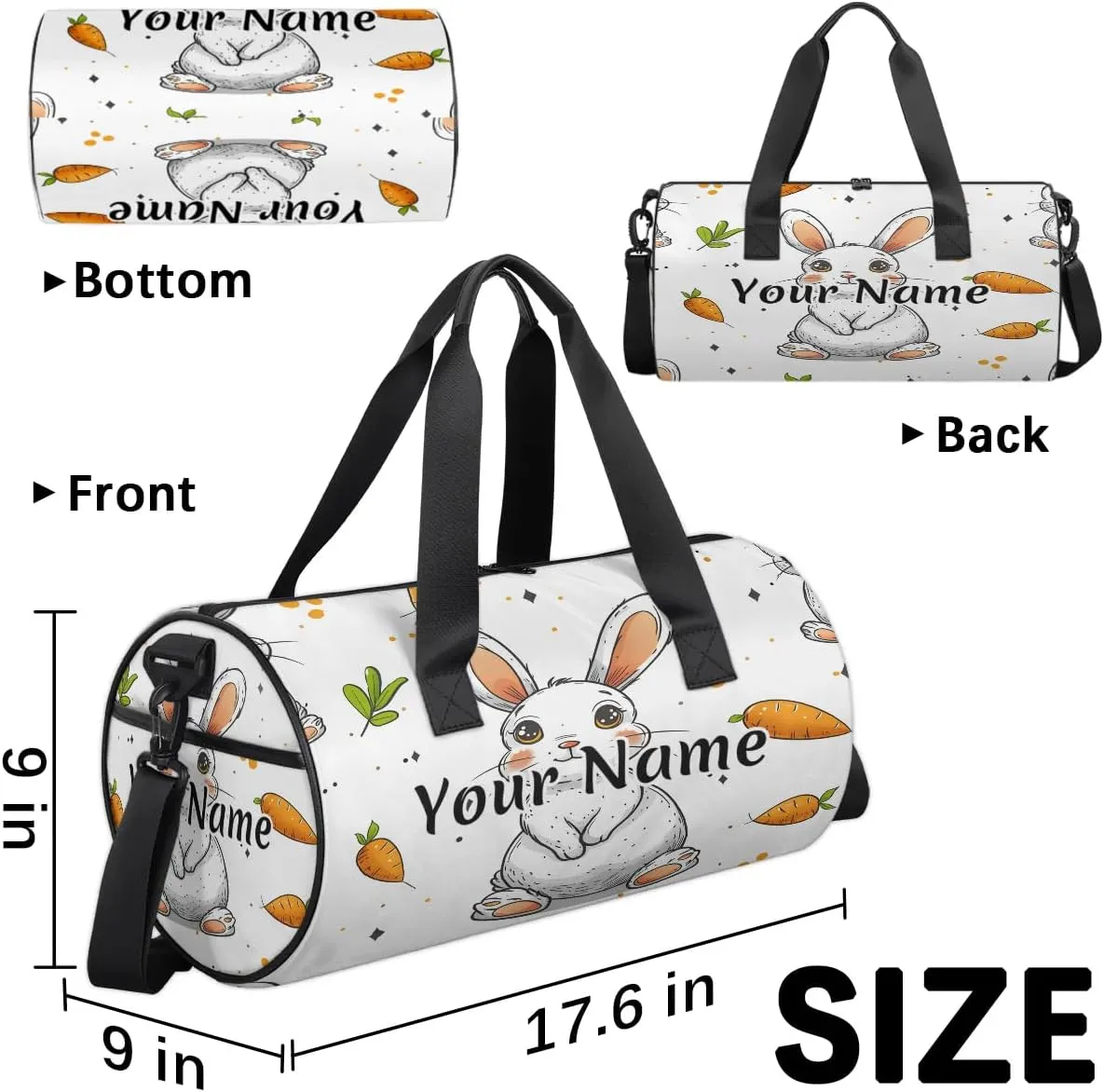 Personalized Duffel Bag for Women, Custom Cute Rabbit Gym Bag for Sports, Waterproof Dance Bag with Name, Lightweight Carryon Gym Bag, Rabbit Carrot
